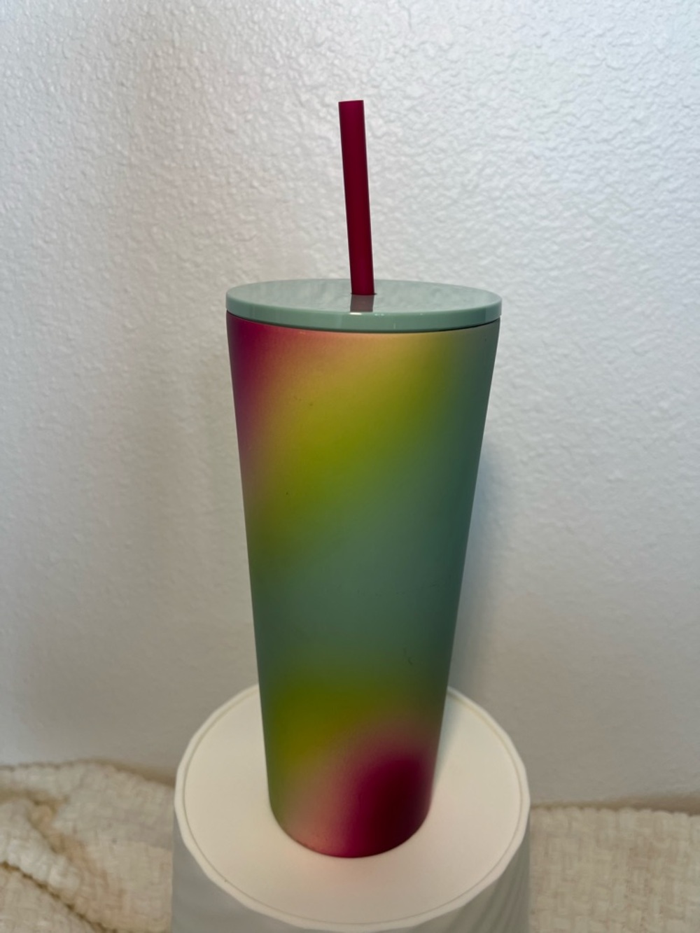 Stainless Steel Rainbow Ombre Travel Tumbler with Straw - Green/Pink